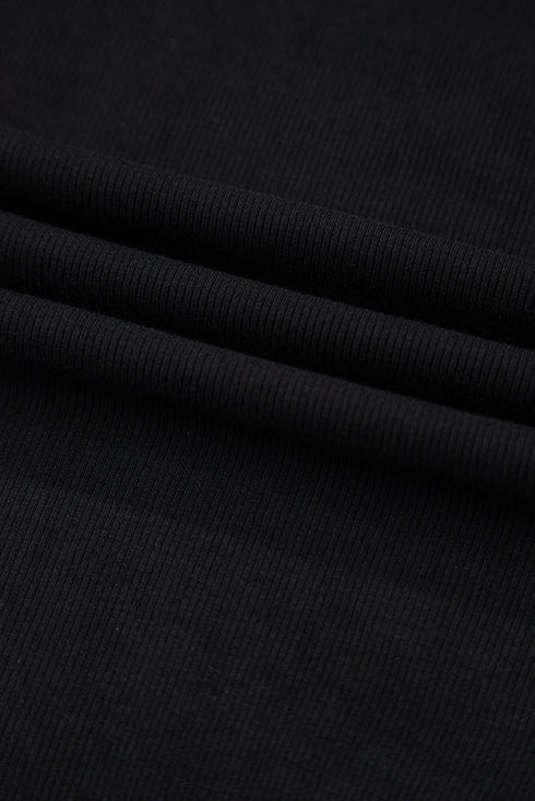 Black Leatherette Ruffle Patchwork Ribbed V Neck Bodysuit